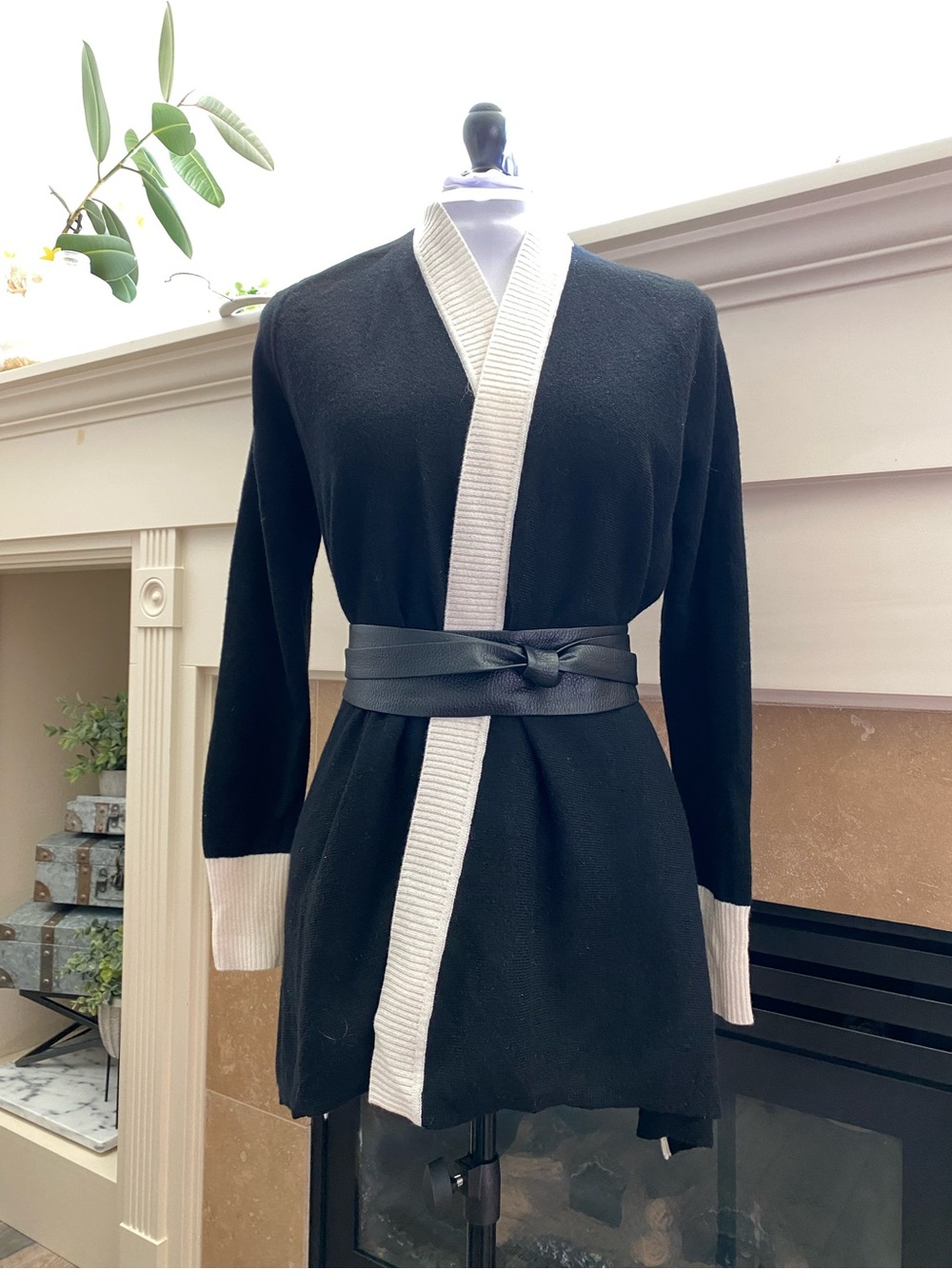 NWT Charter Club Black Luxury Cashmere Open Cardigan Sweater with Cream Trim
